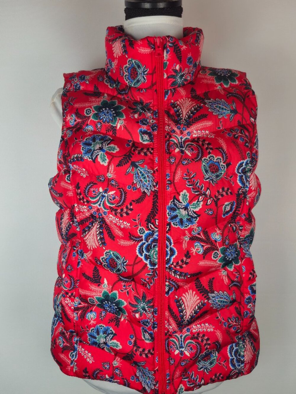 Land's End Women's Down Puffer Vest - Red Floral Design - Size M/P